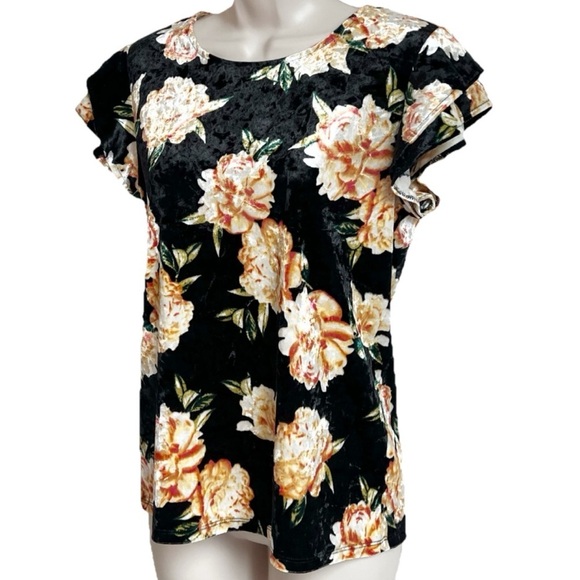 NWT a.n.a. Velour Floral Flutter Cap Sleeve Pullover Blouse Top Black Orange XS - Picture 3 of 7